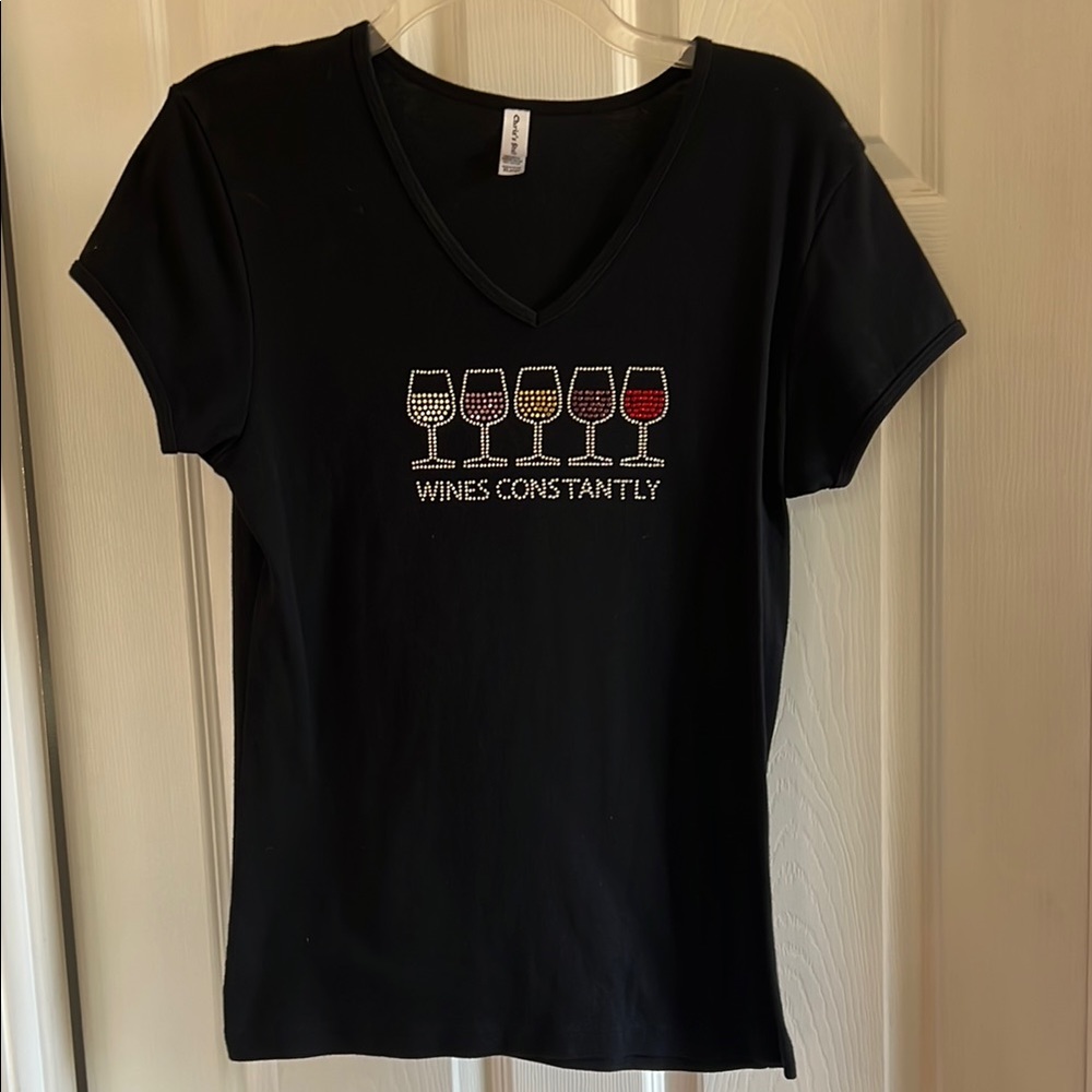 Black Fitted Short Sleeve T-Shirt with Wine Glass Graphic